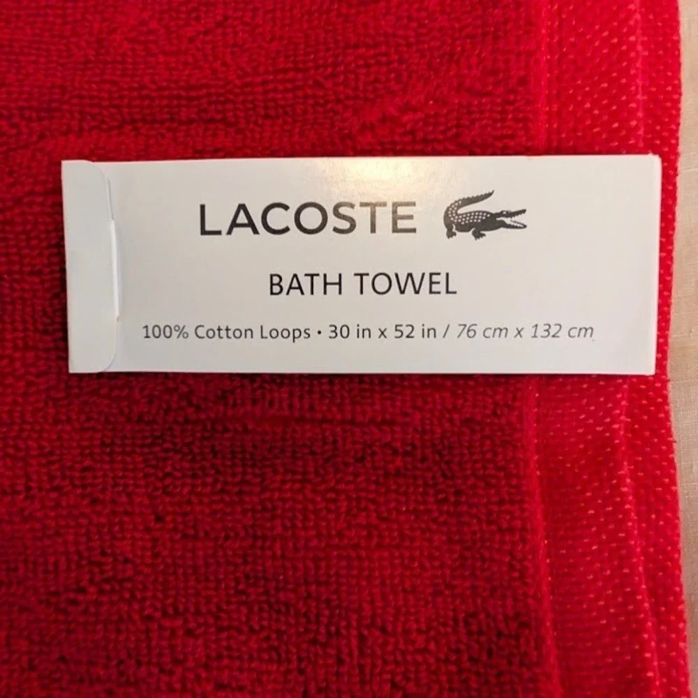 Lacoste Bath Towel Red 30x52 Large Crocodile Logo 100% Cotton w/ Hanging Loop